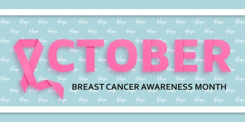 Breast cancer awareness month background with pink ribbon and text October. Vector illustration