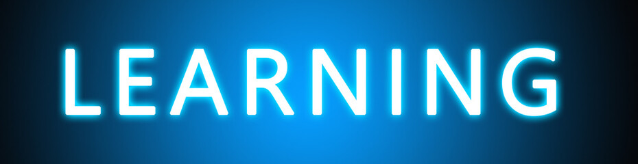 Learning - glowing white text on blue background