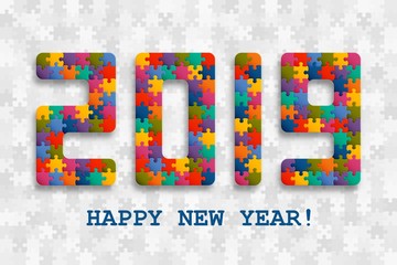 2019 jigsaw puzzle background with many colorful pieces. Happy New Year card design. Abstract mosaic template. Vector illustration.