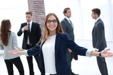 greeting gesture business woman smiling