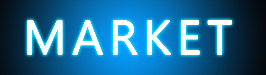 Market - glowing white text on blue background