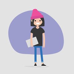 Young caucasian female character holding a laptop. Modern office worker. Millennial. Lifestyle. FLat editable vector illustration, clip art