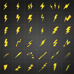 Yellow Lightning vector set isolated on black background. Simple icon storm or thunder and lightning strike. - obrazy, fototapety, plakaty