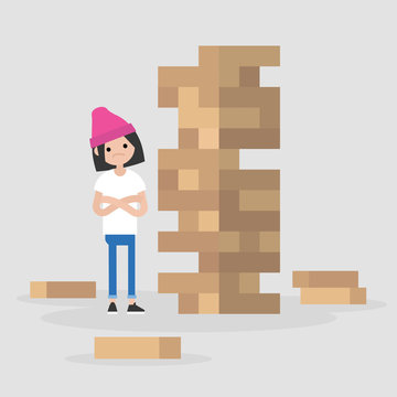 recommend clip art: Young female character taking turn removing a block from a tower constructed of wooden bricks. Strategic thinking. Flat editable vector illustration, clip art