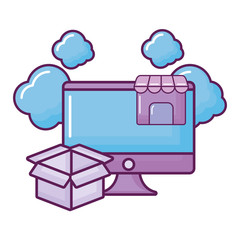 computer with store building and clouds