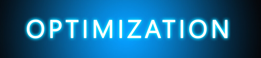 Optimization - glowing white text on blue background