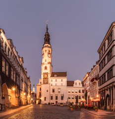 Obraz premium Early morning blue hour scenery. Historic town of Goerlitz with town hall, Germany