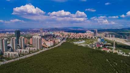 Aerial view of skyscraper and forest in Ankara,Oran.