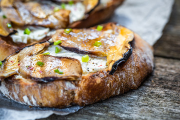 Bruschetta with porcini mushrooms and soft cheese