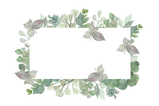 Watercolor hand painted square frame with silver dollar eucalyptus leaves and branches.