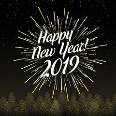 Black Happy New Year 2019 card with golden firework.