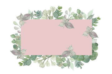 Watercolor hand painted square frame with silver dollar eucalyptus leaves and branches with pink background.