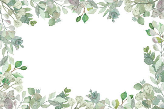 Watercolor hand painted square frame with silver dollar eucalyptus leaves and branches.