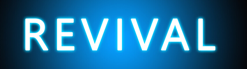 Revival - glowing white text on blue background
