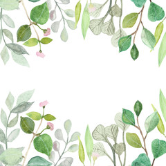 Watercolor hand painted square frame with silver dollar eucalyptus leaves and branches.