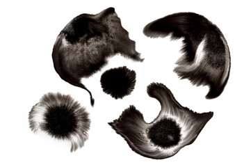 Abstract hand drawn ink spots set isolated on white background. Artistic design liquid paints for card, poster, invitation, website and banners. Monochrome dark colors
