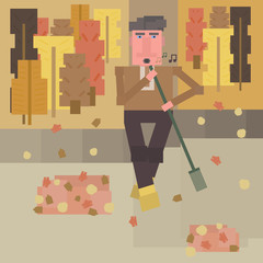 Janitor cleans the autumn yard with good mood and sings in to broom.Square flat style. Color vector illustration with autumn colors.