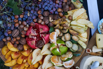Fresh fruits colorful background, close-up. Healthy Food background concept . Top view. Copy space