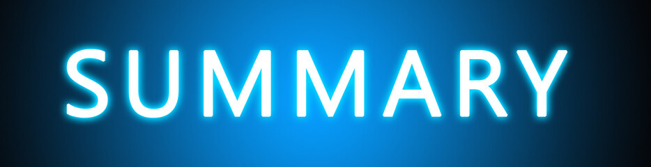 Summary - glowing white text on blue background
