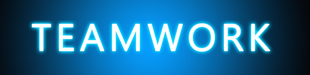 Teamwork - glowing white text on blue background