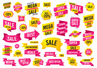 Obraz premium Sale banner templates design. Mega special offer. Cyber monday sale discount. Black friday shopping icons. End of season best ultimate offer. Discount up to 50% off. Super shopping icons. Vector