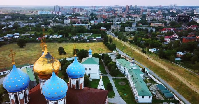Ryazan, Russia. Aerial view of Cathedral of Ryazan cupola in Kremlin in the morning, Russia. View over the popular tourist town in Russia