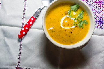 Carrot and coriander soup, winter food, room for text