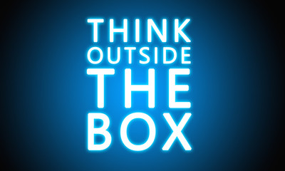 Think Outside The Box - glowing white text on blue background