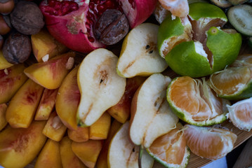 Fresh fruits colorful background, close-up. Healthy Food background concept . Top view. Copy space