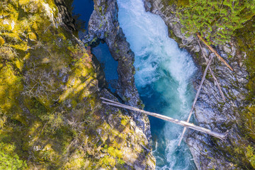 Aerial view of a river and waterfall at Little Qualicum Falls, Canada