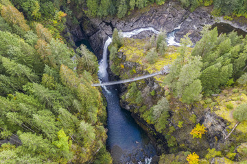 Aerial view of Elk Falls suspension bridge on Vancouver Island, Canada
