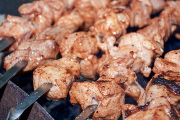 fried chunks of meat on skewers barbecue grill shish kebab