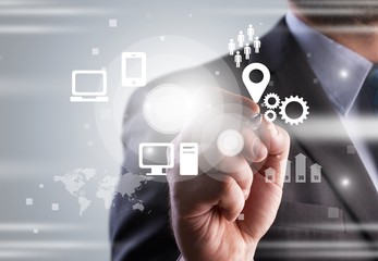 Businessman and  analytics symbol on  background