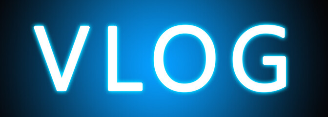 Vlog - glowing white text on blue background