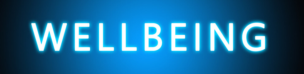 Wellbeing - glowing white text on blue background