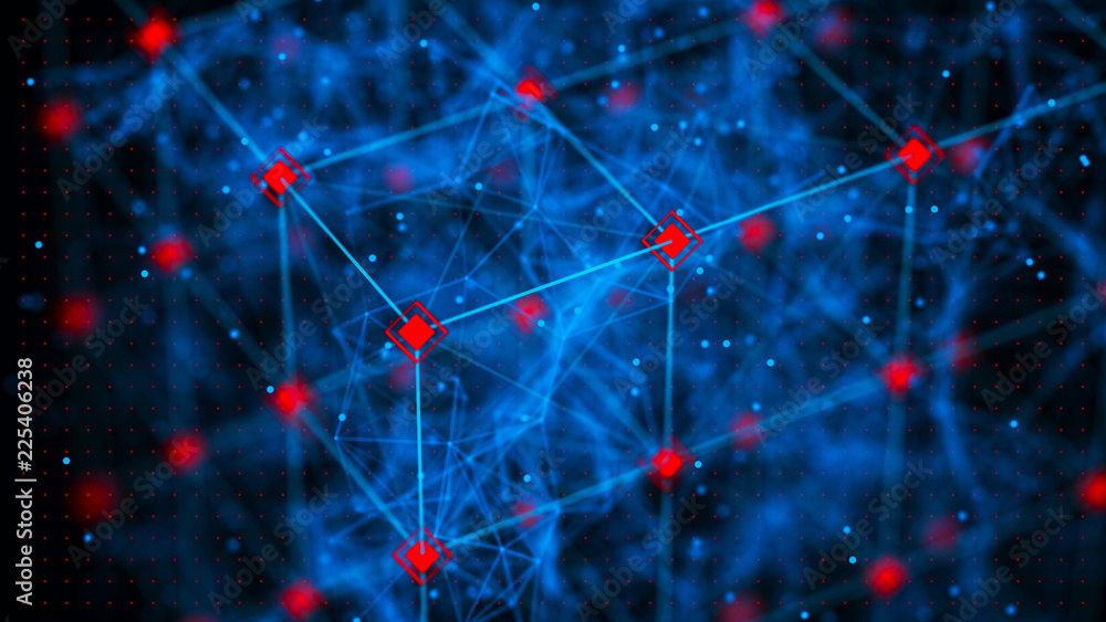 Poster Block chain concept. Network connection. 3D Rendering. Big data visualization. 4k rendering.