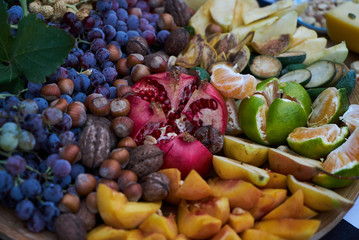 Fresh fruits colorful background, close-up. Healthy Food background concept . Top view. Copy space