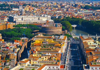 Panoramic view from the air to city, Castel Sant’Angelo, Saint Peter's Square, Rome, the Tevere (Tibr) River and mountains on the horizon on a summer sunny day, Italy