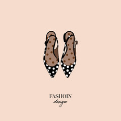 Beautiful female sandals in polka dots. Vector illustration for a postcard or a poster. Women's shoes isolated on beige background. Logo concept design of trendy women's accessories. Fashion & Style.