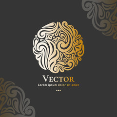 Golden emblem. Elegant, classic elements. Can be used for jewelry, beauty and fashion industry. Great for logo, monogram, invitation, flyer, menu, brochure, background, or any desired idea.