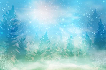 Deurstickers Winter blue sky with falling snow, snowflakes with winter landscape © wonderyusya