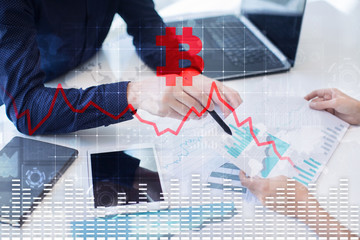 Crypto currency icons and graphs on a virtual screen interface. ICO. Initial Coin Offering.