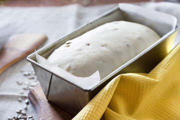 Raw yeast dough in square tin form, ready for baking bread with sunflower seeds
