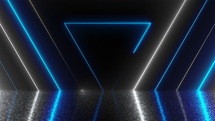 Abstract triangles neon tunnel with reflection, computer generated background, 3D render background