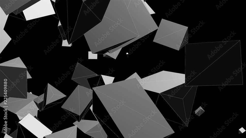 Poster wireframe abstract shapes, chaotic space, 3d render computer generated background