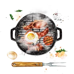 Foto auf Acrylglas Bacon and Egg Breakfast on Grill. Watercolor Illustration. © nataliahubbert