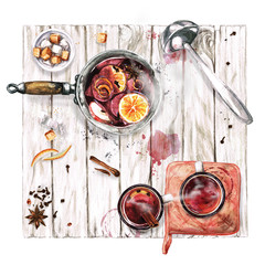 Cuisine au vin chaud. Illustration à l& 39 aquarelle.