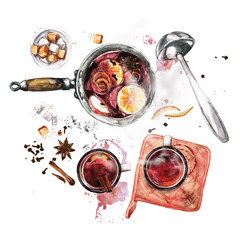 Mulled Wine Cooking . Watercolor Illustration.