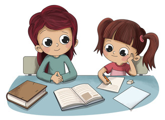 Niño haciendo los deberes con su madre o hermana
