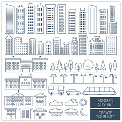 Thin lines city elements set. Urban landscape elements. Vector illustration set of flat line big city with skyscrapers, buildings, bus, car, train, trees, street lights and weather icons.